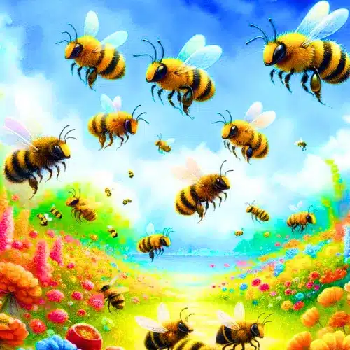 Dibujo cuadrado de unas abejas volando en el campo en referencia a los cuentos de abejas.