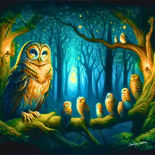 Dibujo cuadrado en acuarela de una familia de búhos en la rama de un árbol en un bosque por la noche.