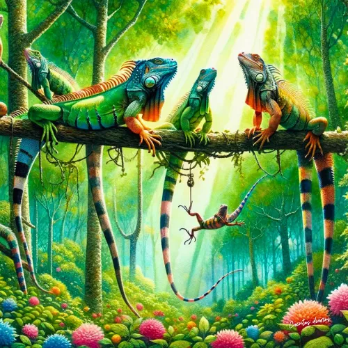Dibujo en acuarela cuadrado de unas iguanas.