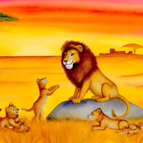 Dibujo cuadrado de unos leones en la sábana.