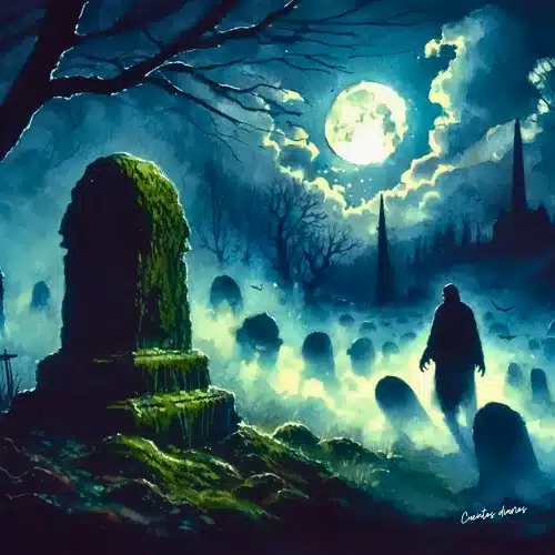 Dibujo de un cementerio de noche con la luna llena en el cielo y una figura humana al contraluz en referencia a los cuentos de miedo para adolescentes.