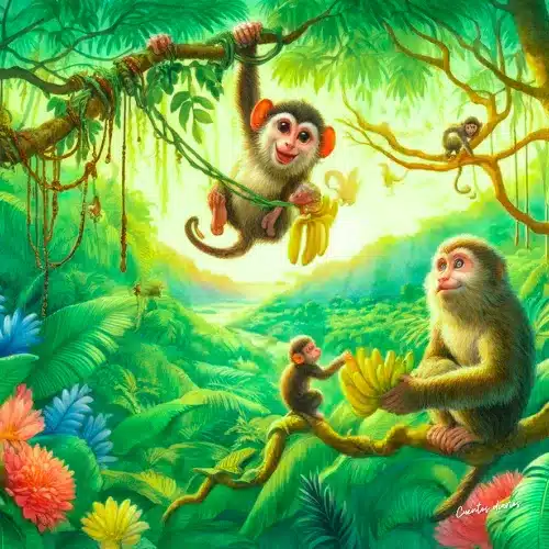Dibujo cuadrado de unos monos en el bosque.
