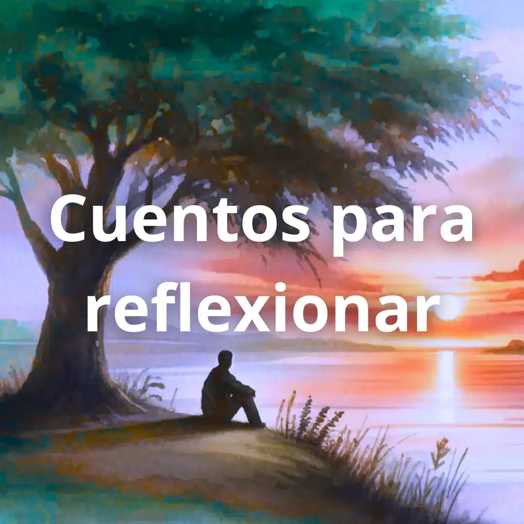 Dibujo de una persona reflexionando bajo un gran árbol al atardecer en referencia a los cuentos para reflexionar.