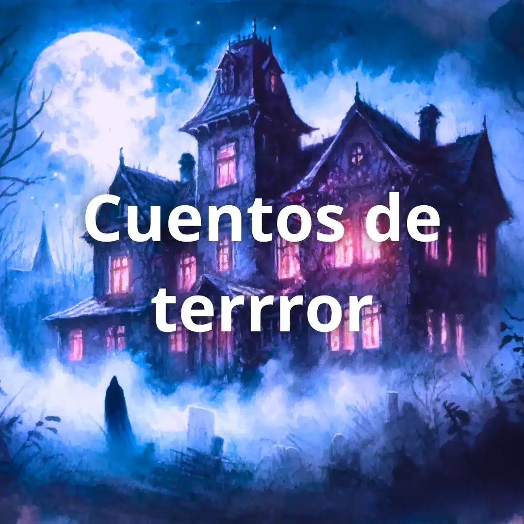 Dibujo de la típica casa de las películas de miedo, de noche y con la luna llena al fono en referencia a los cuentos de terror.