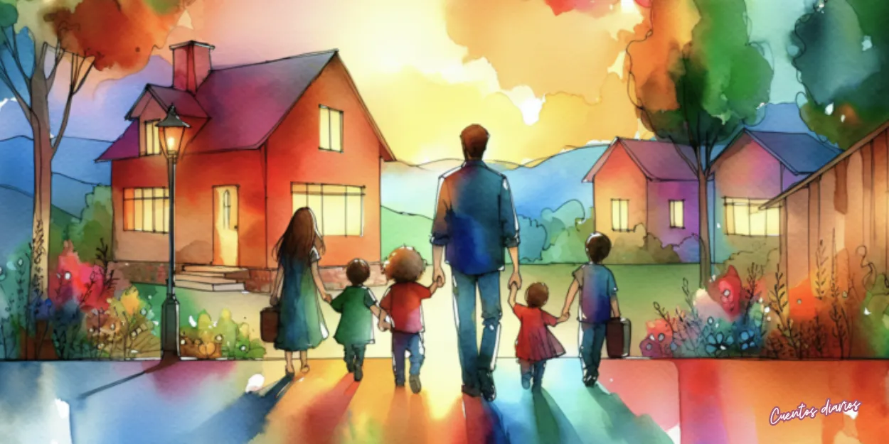 Familia caminando unida hacia la casa de los mil recuerdos, símbolo de amor, unión familiar y legado entre generaciones.