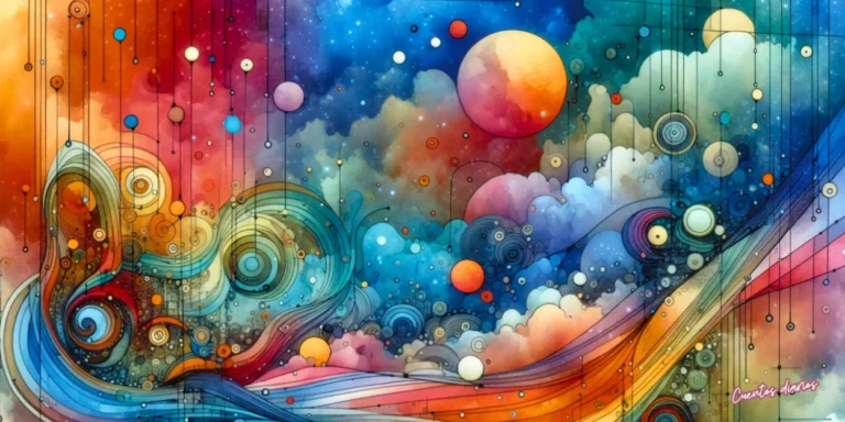 Ilustración del Bosque de los Susurros con un cielo mágico lleno de colores y formas abstractas que simbolizan las decisiones, los sueños y el futuro.