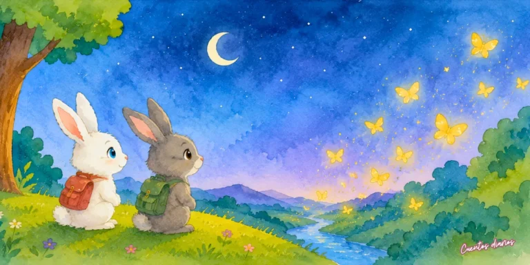 Dos conejos observando mariposas doradas bajo un cielo nocturno en un valle mágico, inspirado en un cuento infantil sobre amistad y aventuras.