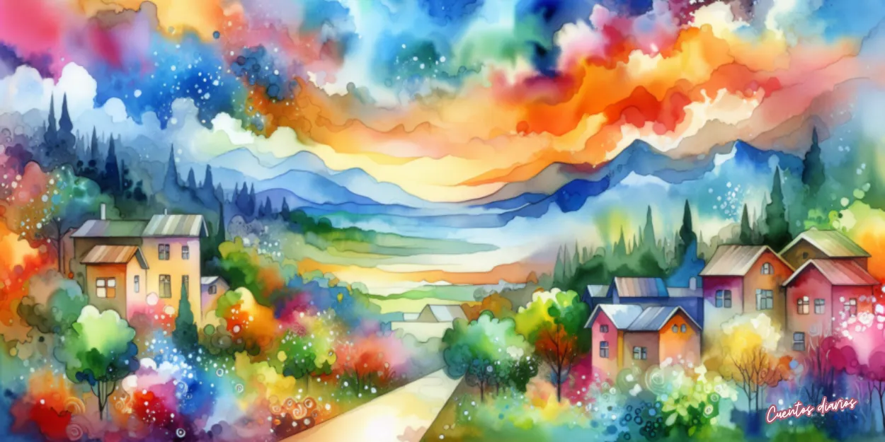 Dibujo en acuarelas de un paisaje de colores que simboliza los sueños perdidos y la redención de Alejandro, un escritor que recupera la inspiración y encuentra un nuevo propósito.