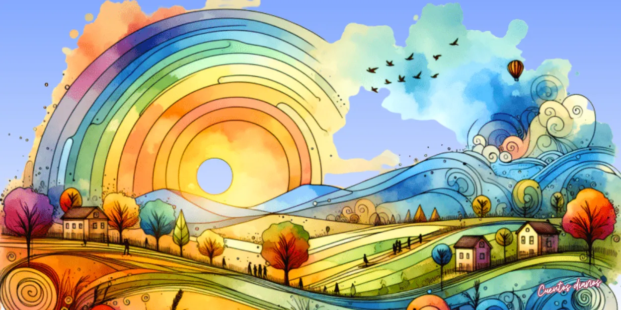 Ilustración del cuento El diario secreto y las palabras que revelaron el verdadero yo, con un paisaje colorido, un arcoíris sobre un valle y un cielo mágico que simboliza el autodescubrimiento y la esperanza.