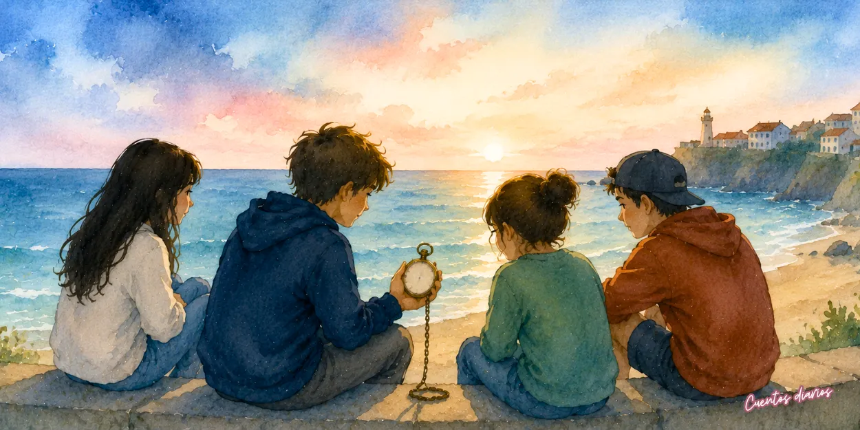 Dibujo en acuarela de cuatro adolescentes contemplan un antiguo reloj de bolsillo frente al mar al atardecer en el cuento El enigma del reloj sin tiempo.