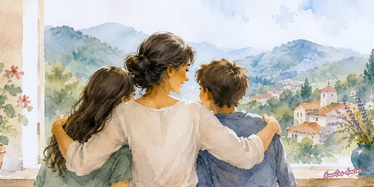 Dibujo en acuarela de una madre abrazando a sus hijos Clara y Mateo mientras contemplan juntos el pueblo entre montañas, en una escena sobre amor maternal y unión familiar.