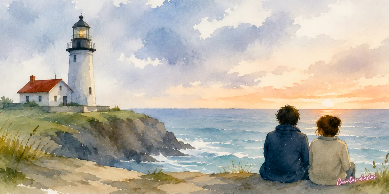 Ismael y Almudena contemplan el mar al atardecer junto a un faro, símbolo de esperanza y búsqueda de la luz interior.