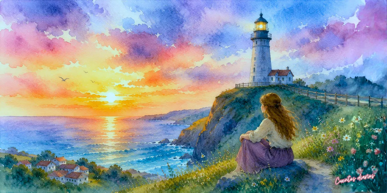 Dibujo en acuarela de una joven contemplando un faro sobre un acantilado al atardecer, símbolo de esperanza, felicidad y guía en el cuento El faro en la tormenta y la luz.