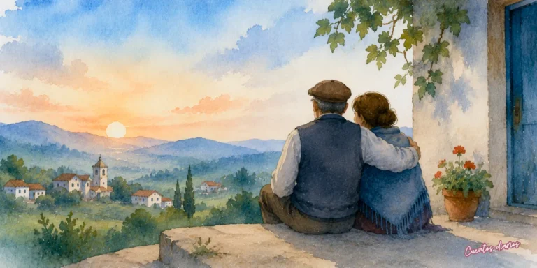 Tomás y Lucía contemplan juntos el atardecer sobre su pueblo tras descubrir las enseñanzas del espejo del alma.
