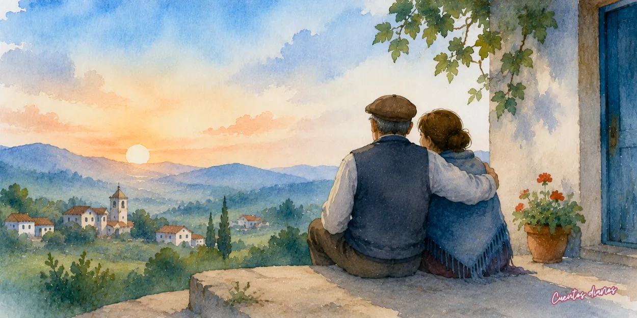 Tomás y Lucía contemplan juntos el atardecer sobre su pueblo tras descubrir las enseñanzas del espejo del alma.