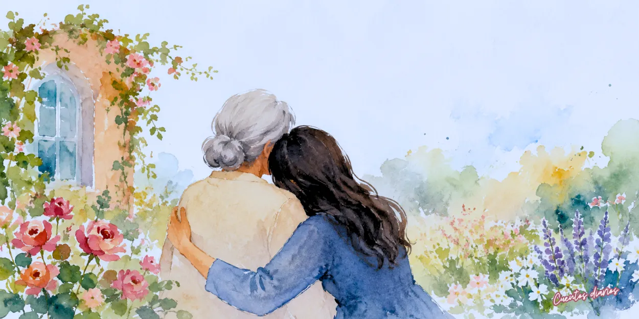 Dibujo en acuarela de una madre e hija abrazándose en un jardín lleno de flores durante un emotivo reencuentro, símbolo del amor materno, el perdón y la reconciliación familiar.