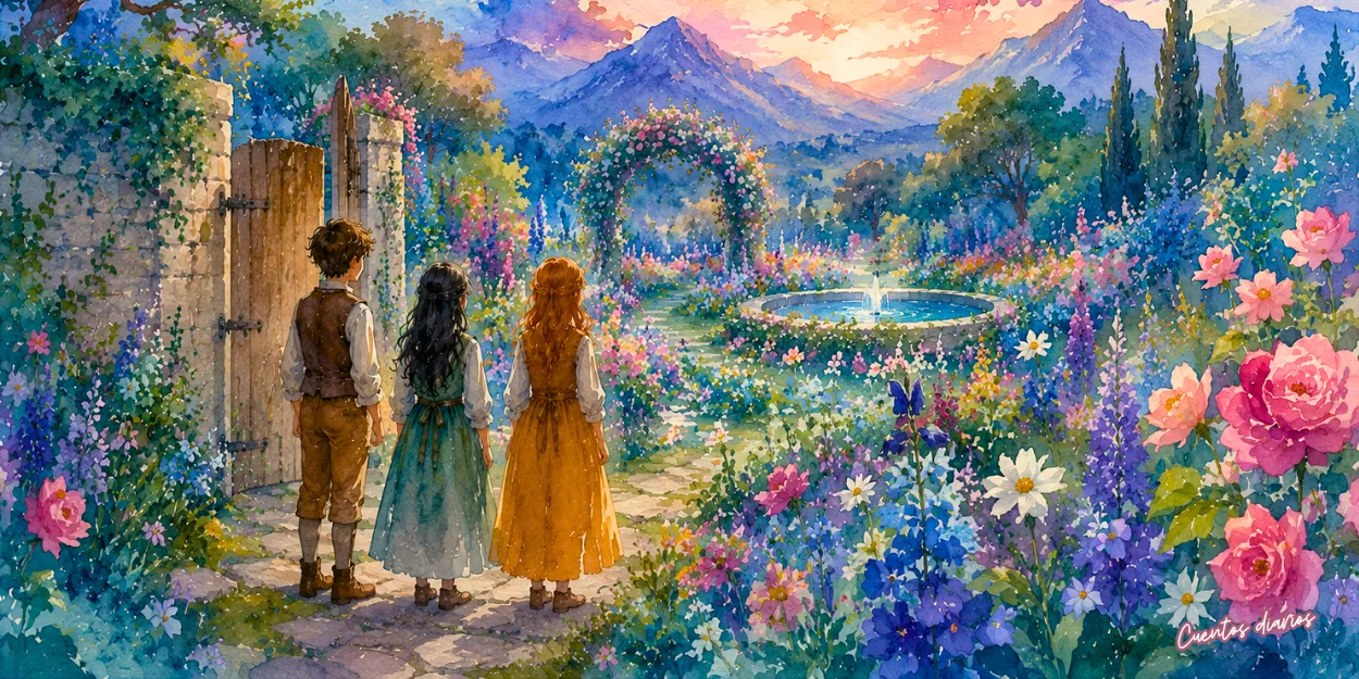 María, Tomás y Lorena entrando en un jardín secreto lleno de flores de colores, una fuente y montañas al fondo para descubrir el verdadero significado de la felicidad.
