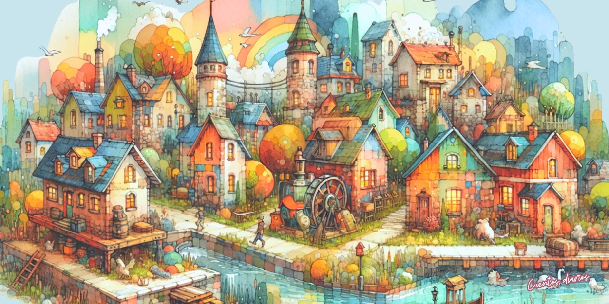 Dibujo en acuarelas de un pueblo mágico entre jardines y casas de colores inspirada en el cuento El jardín secreto y las flores que susurraban verdades olvidadas.