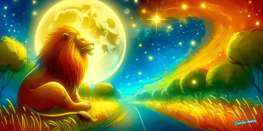 Cuento: "El león y la luna llena que iluminaba el camino hacia la libertad" 9 Dibujo en acuarelas de un león iluminado por una luna llena brillante en un paisaje de fantasía con cielo estrellado y un sendero entre árboles.
