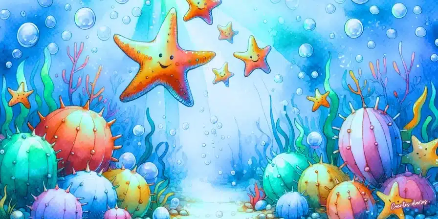 El Misterio de las Cinco Puntas: Una Aventura de Estrellas de Mar 8 Estrellas de mar sonrientes en un fondo submarino de acuarela, rodeadas de corales y burbujas, en una escena del cuento infantil El misterio de las cinco puntas.