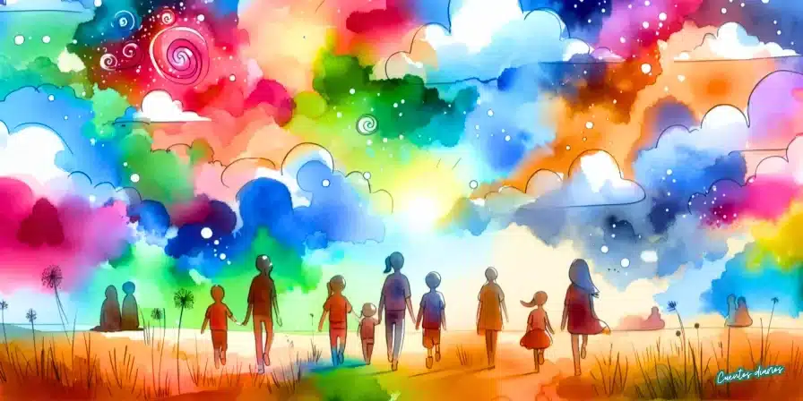 Cuento: El misterio del reloj antiguo y la sombra del tiempo 71 Dibujo en acuarelas de un grupo de niños caminando juntos bajo un cielo de acuarela lleno de colores, nubes y formas mágicas, representando un viaje compartido lleno de maravillas.