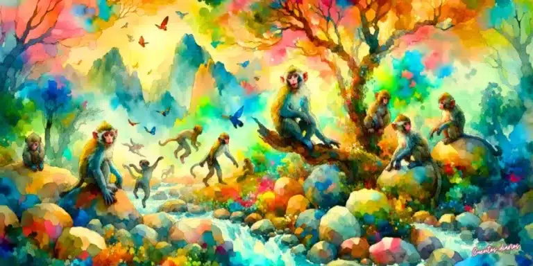 Dibujo en acuarelas de un grupo de monos en una selva con árboles coloridos, mariposas y un río de piedras, pintado en estilo acuarela brillante.
