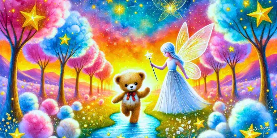 Dibujo en acuarela de un tierno osito de peluche flotando en un mundo mágico de ensueño, rodeado de estrellas brillantes, nubes doradas y árboles de algodón. Inspirado en el cuento infantil "El osito de peluche y la aventura en el reino de los sueños dorados".