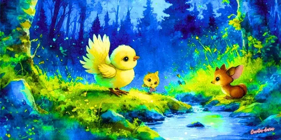 Cuento: "El pollito curioso y el secreto del árbol que hablaba en el claro del bosque" 9 Dibujo en acuarelas de un pollito curioso de plumaje claro junto a su madre y un ratón en el borde de un arroyo iluminado por la luna, en un bosque nocturno de tonos azulados y verdes suaves.