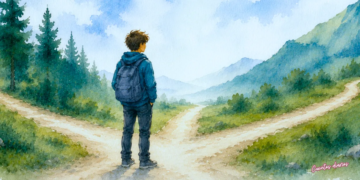 Dibujo del sendero de la verdad con un joven adolescente con mochila ante varios senderos de montaña, símbolo de la búsqueda del propósito y las decisiones de la vida.