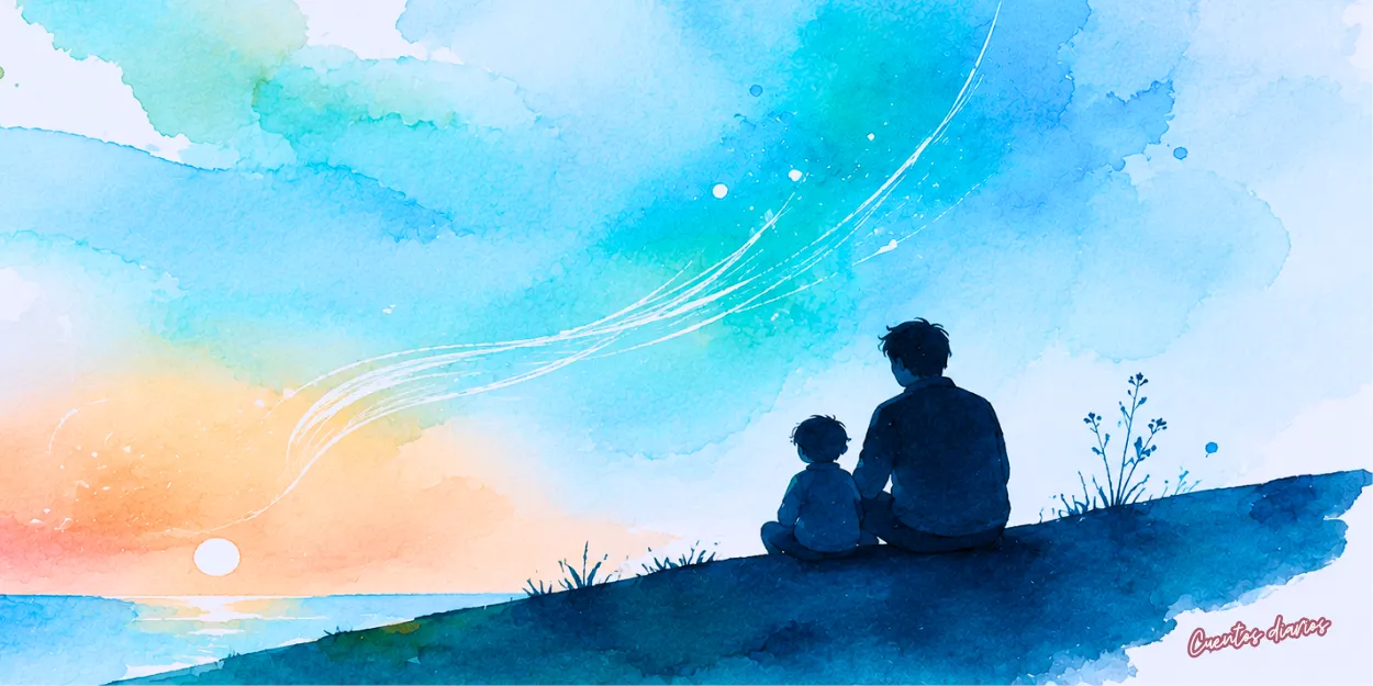 Padre e hijo contemplando el mar al atardecer junto a un faro y un barco pesquero, símbolo de escucha, amor y comunicación familiar.