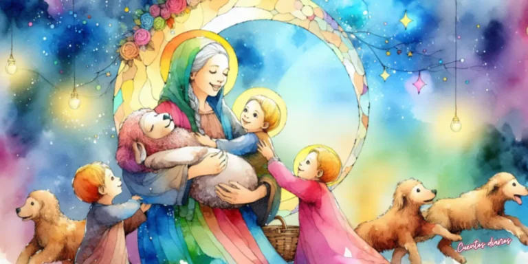 Dibujo en acuarela de una madre abrazando a sus hijos bajo un arcoíris mientras les transmite amor, consejos y valores para toda la vida en un cuento para reflexionar.