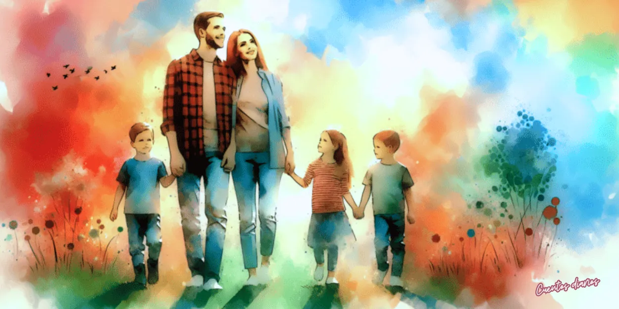 Dibujo en acuarelas de una familia caminando unida por un sendero al atardecer, representando el verdadero tesoro de la unión familiar y el amor entre generaciones.