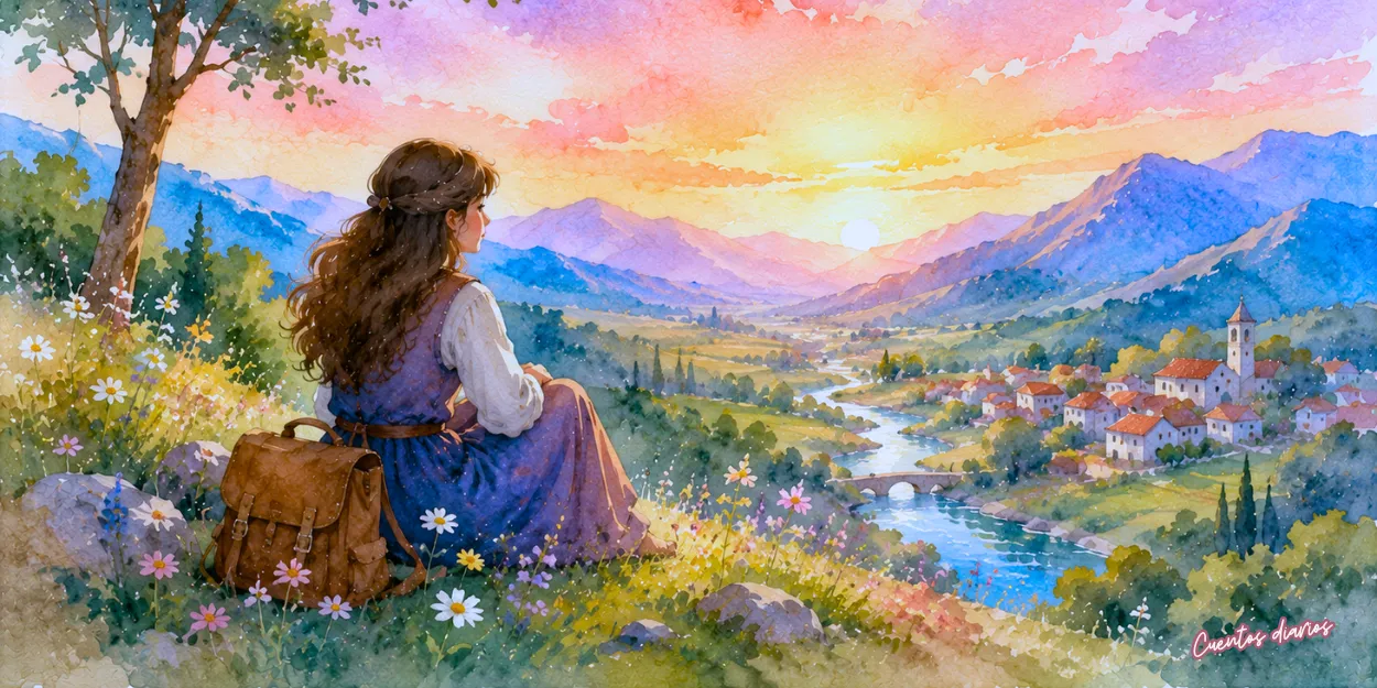Clara contempla desde una colina un valle con río, montañas y un pequeño pueblo durante su viaje para descubrir el verdadero significado de la felicidad.