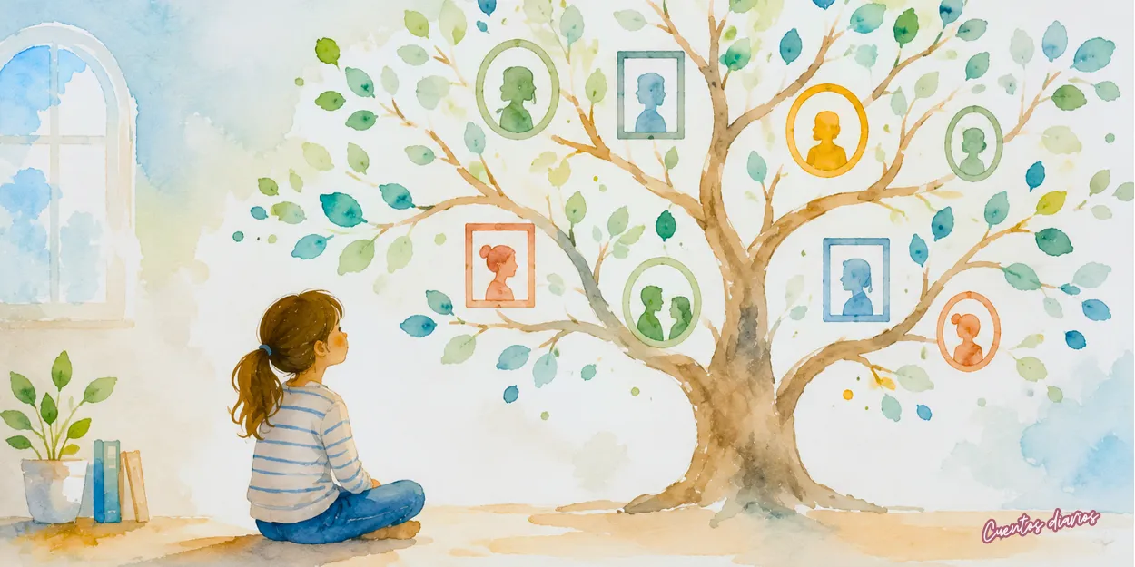 Niña observando un árbol genealógico con retratos familiares, símbolo del legado, la historia y el amor entre generaciones.