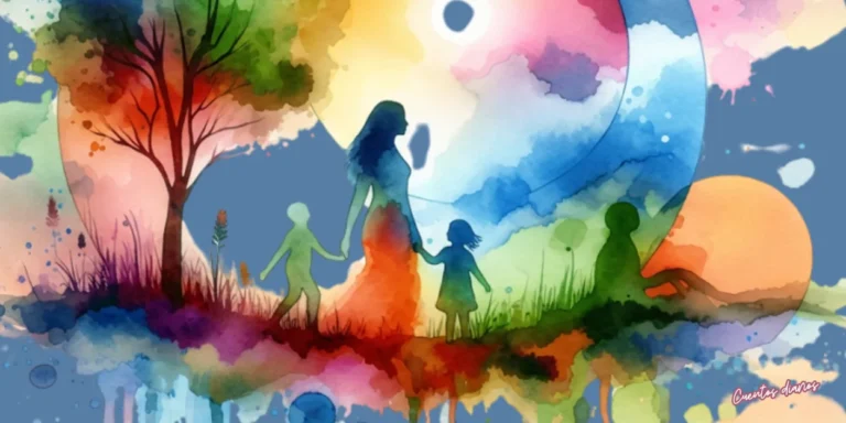 Dibujo en acuarelas de una mujer guiando a dos niños a través de un paisaje simbólico que representa el viaje interior, el autoconocimiento y el descubrimiento del verdadero yo.
