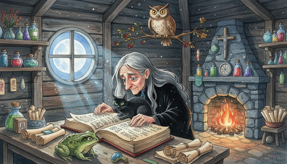 Bruja anciana leyendo un libro de hechizos en una cabaña con chimenea, gato negro, lechuza y frascos de pociones.