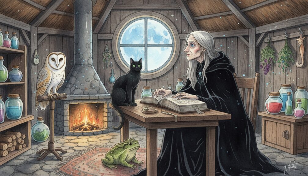 Bruja escribiendo un grimorio en una mesa de madera con luna llena, gato negro, lechuza y frascos de alquimia.