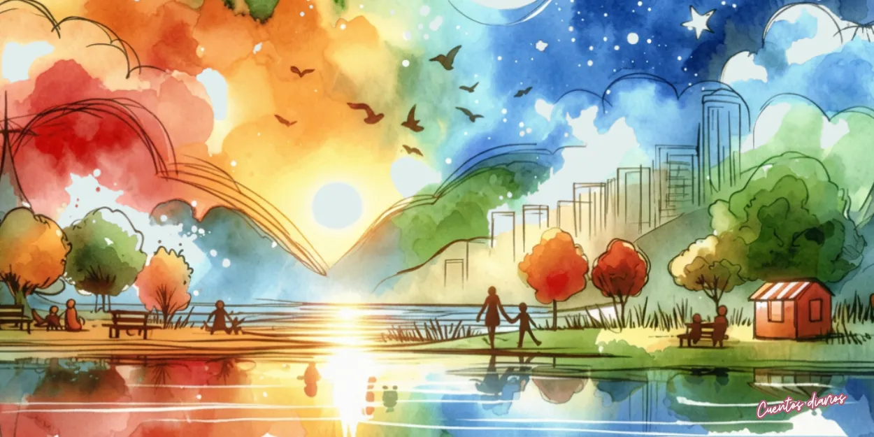 Padre e hijo caminando junto a un lago al atardecer en una ilustración sobre conexión familiar y guía emocional.