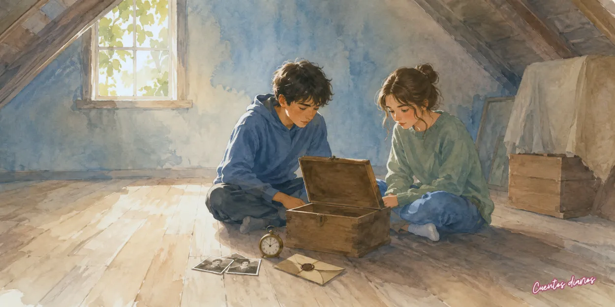 Carlos y Lucía descubren una antigua caja de recuerdos con fotografías, cartas y un reloj en el ático familiar.