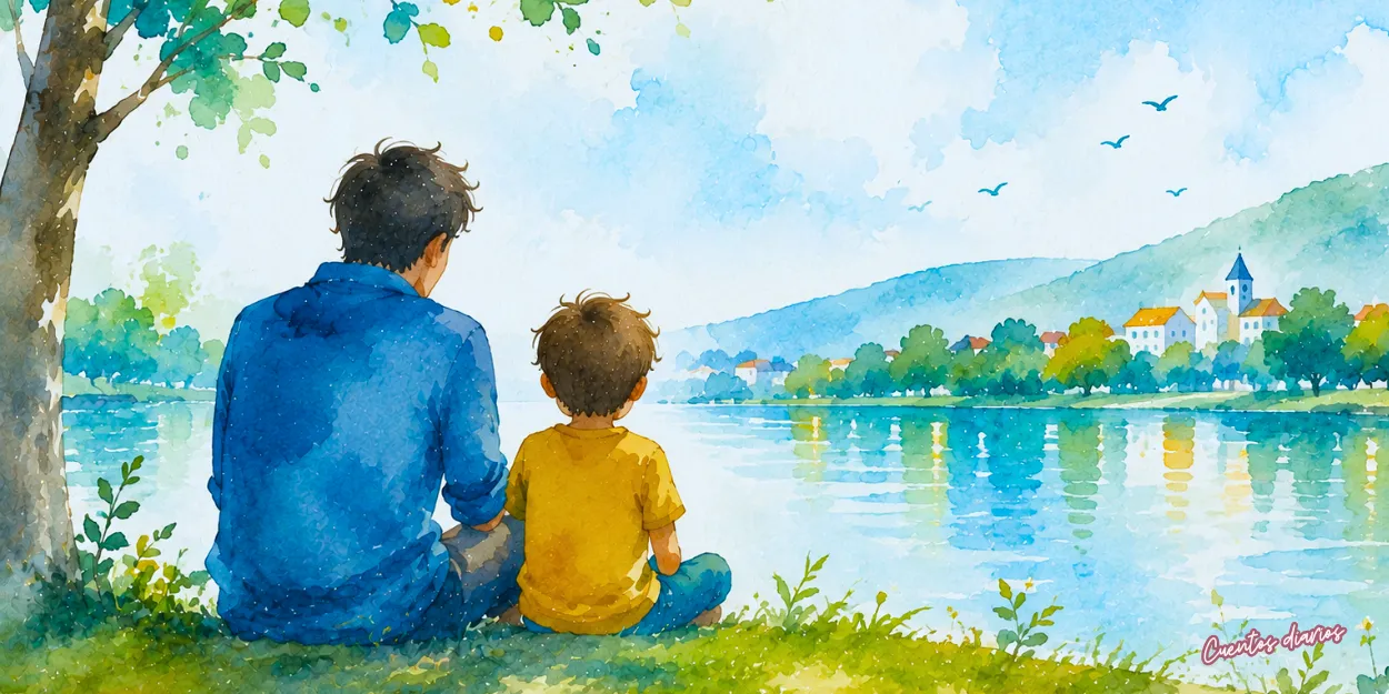 Padre e hijo sentados junto a un lago mientras contemplan un pueblo entre montañas y comparten un momento de calma.