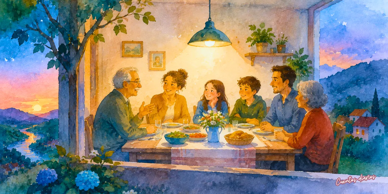 Dibujo en acuarela de una familia reunida alrededor de la mesa durante la cena de los viernes, compartiendo historias y fortaleciendo sus lazos en un ambiente cálido y acogedor.