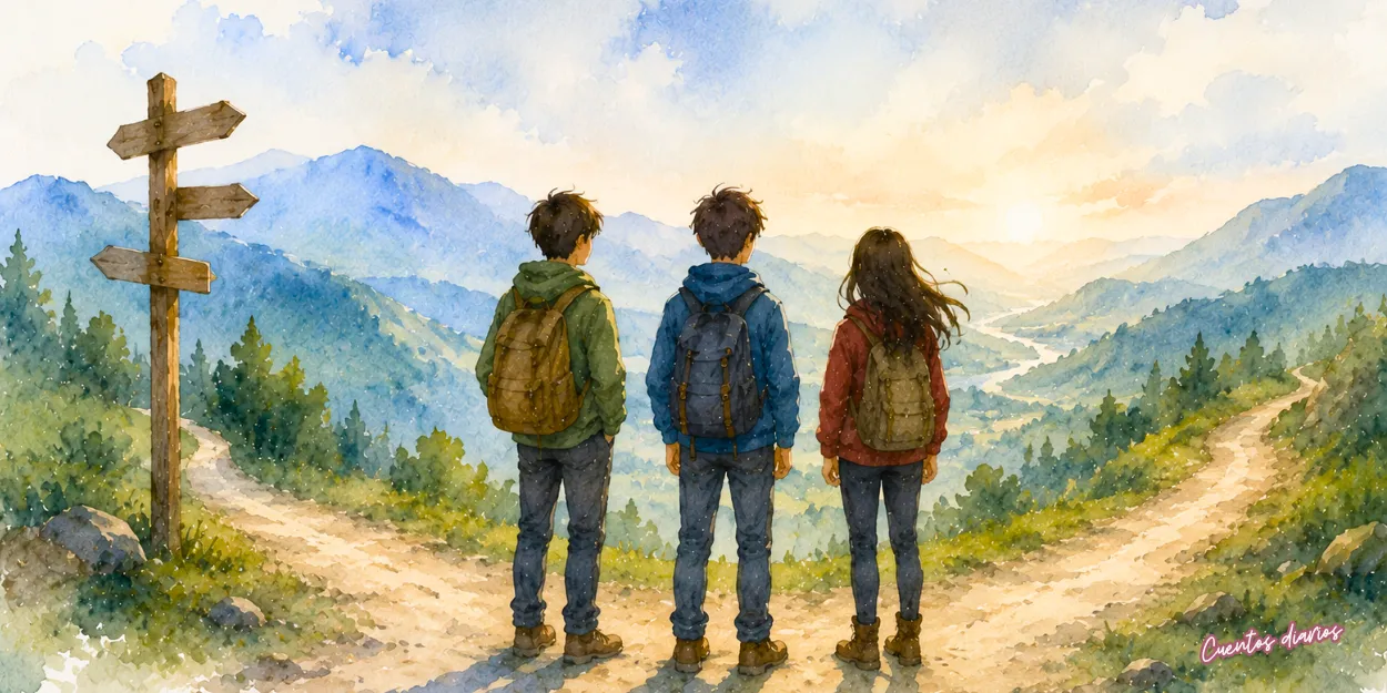 Dibujo en acuarela de tres adolescentes contemplan una encrucijada entre montañas al amanecer, simbolizando las decisiones, la amistad y el crecimiento personal en el cuento La encrucijada del joven héroe y el dilema del destino incierto.