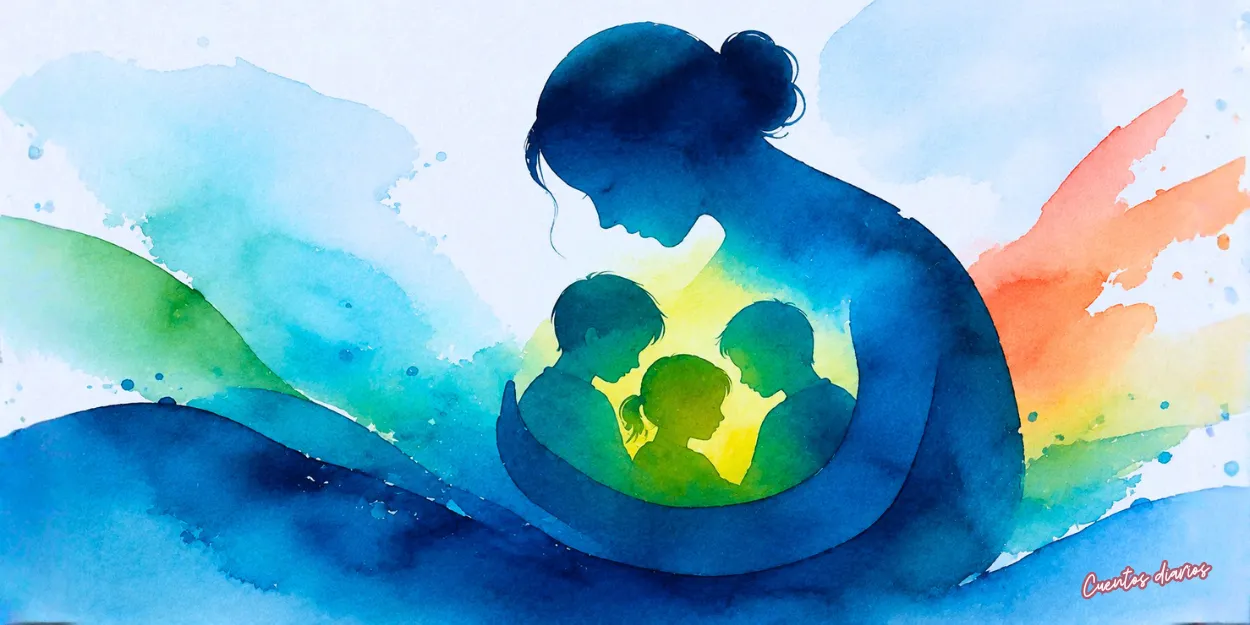 Dibujo en acuarelas de una madre abrazando y protegiendo a sus tres hijos en una ilustración simbólica sobre resiliencia, amor maternal y fortaleza familiar en tiempos difíciles.