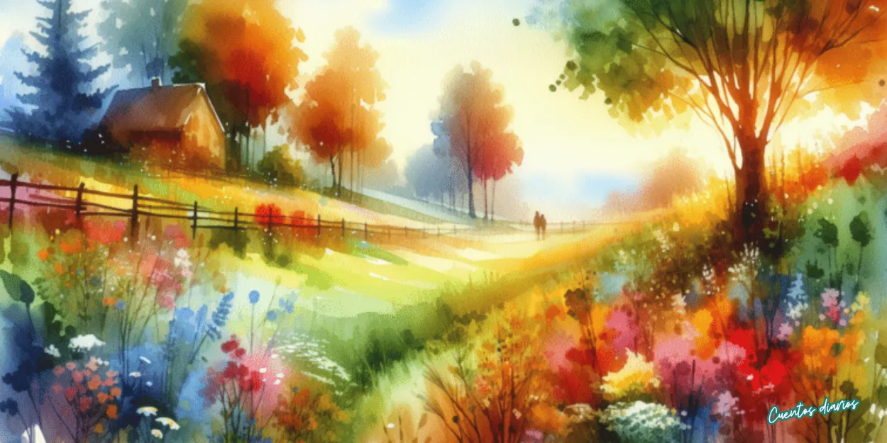 Dibujo en acuarela de un paisaje al atardecer junto a una antigua casa de campo, símbolo de los recuerdos del pasado que ayudan a sanar el presente de Adriana.
