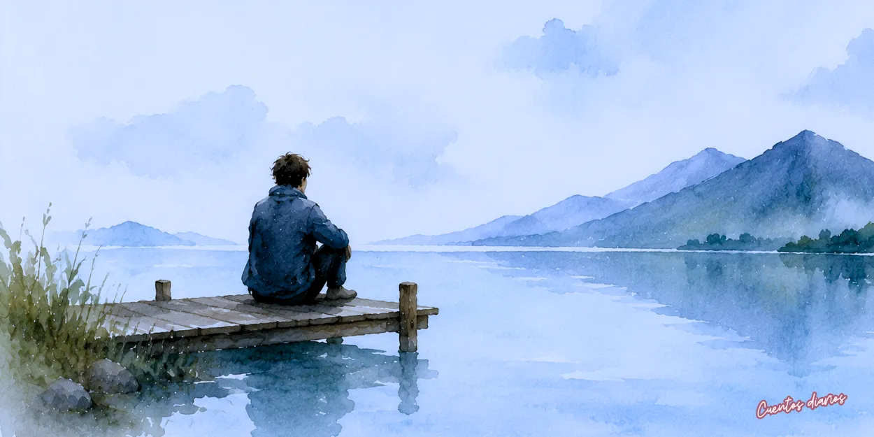 Dibujo en acuarelas de un hombre sentado solo en un muelle frente a un lago y montañas, reflexionando en un paisaje tranquilo.