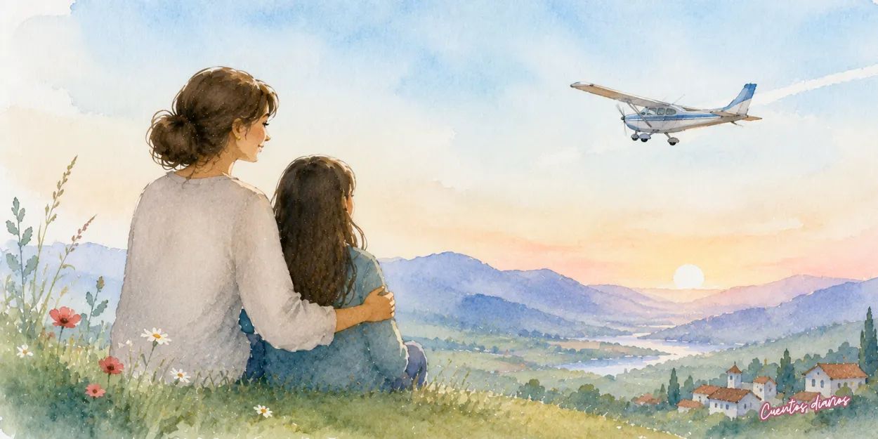 Madre e hija contemplando un avión al atardecer desde una colina, símbolo de sueños, crecimiento personal y apoyo familiar.