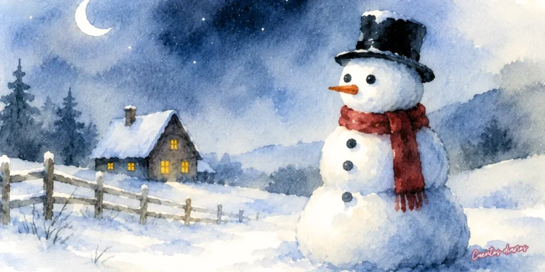 Dibujo en acuarela de La maldición del muñeco de nieve con un inquietante muñeco de nieve frente a una casa aislada durante una noche de invierno, bajo la luna llena, en una historia de terror y misterio.