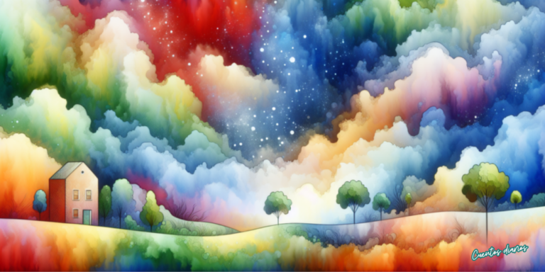 Dibujo en acuarela de un cielo lleno de colores sobre un pequeño pueblo, símbolo del autodescubrimiento y la autenticidad en el cuento La máscara que se desvaneció y la revelación de la identidad oculta.