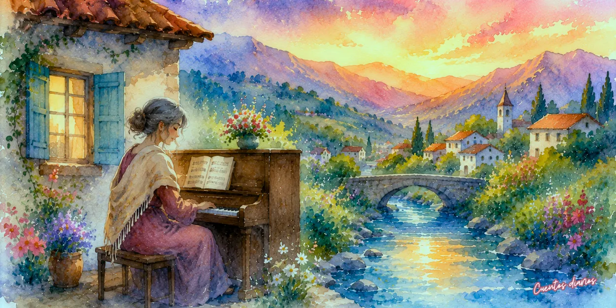 Isabel toca el piano junto a una ventana con vistas a un río y un pueblo de montaña, reflejando cómo la música conduce a la felicidad en los pequeños momentos.