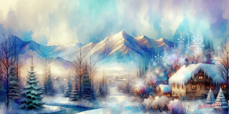 Dibujo en acuarelas de La montaña nevada y la maldición ancestral con una cabaña aislada en una montaña cubierta de nieve, escenario de un inquietante cuento de terror y misterio ambientado en invierno.